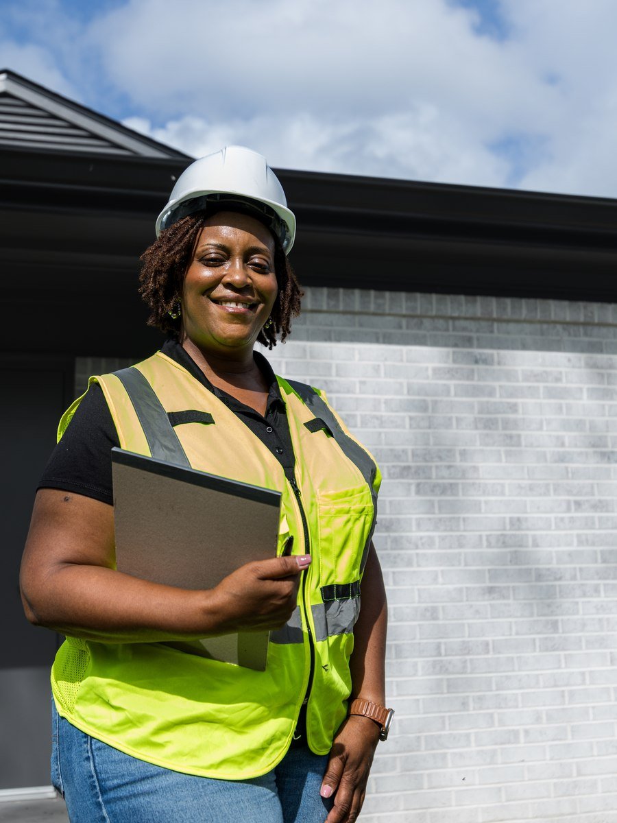 Pristine team member wearing a hard hat and safety vest with a clipboard at a worksite